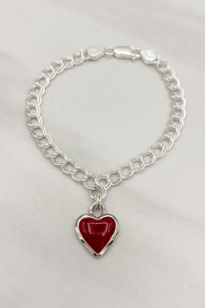 Sterling Silver Set Genuine Stone Heart Double Link Chain Bracelet