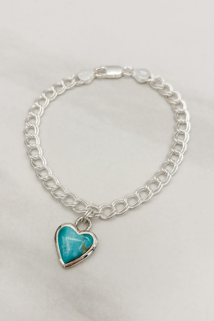 Sterling Silver Set Genuine Stone Heart Double Link Chain Bracelet