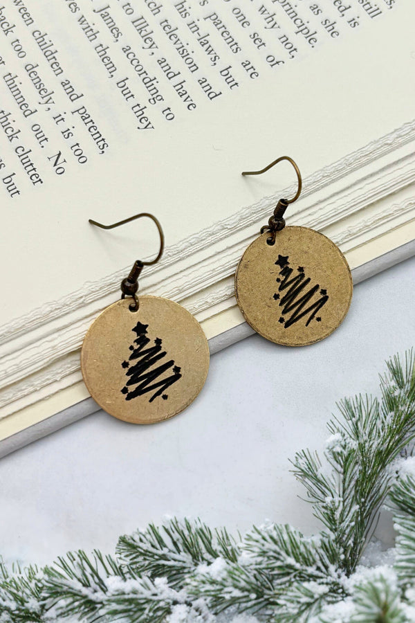 Swirl Christmas Tree Engraved Coin Dangle Earrings