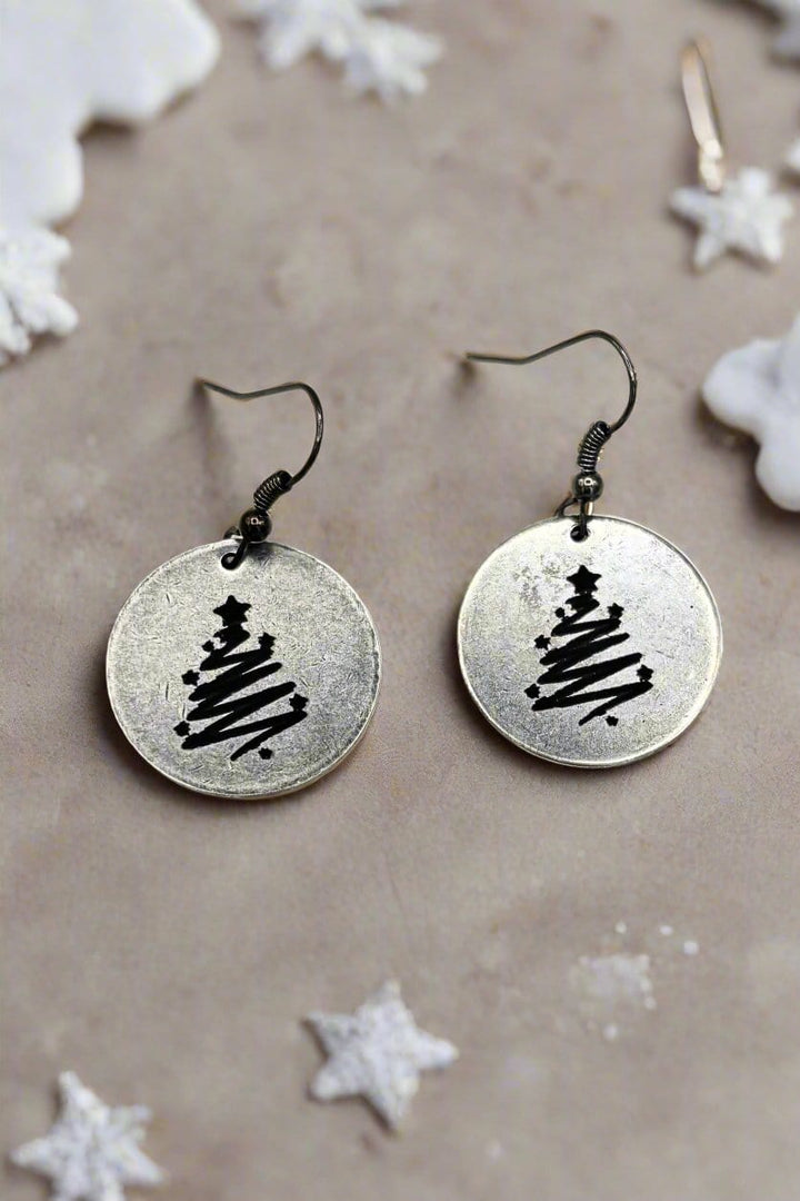 Swirl Christmas Tree Engraved Coin Dangle Earrings