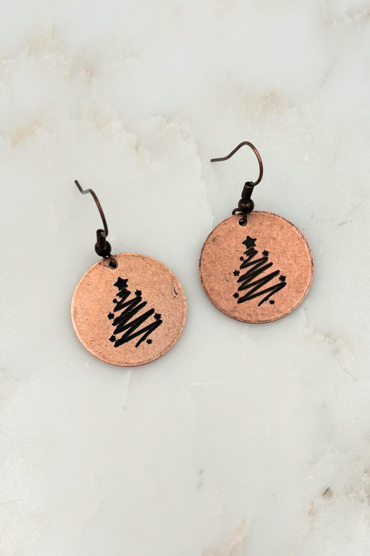 Swirl Christmas Tree Engraved Coin Dangle Earrings