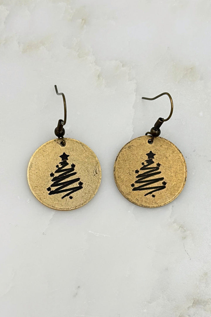 Swirl Christmas Tree Engraved Coin Dangle Earrings