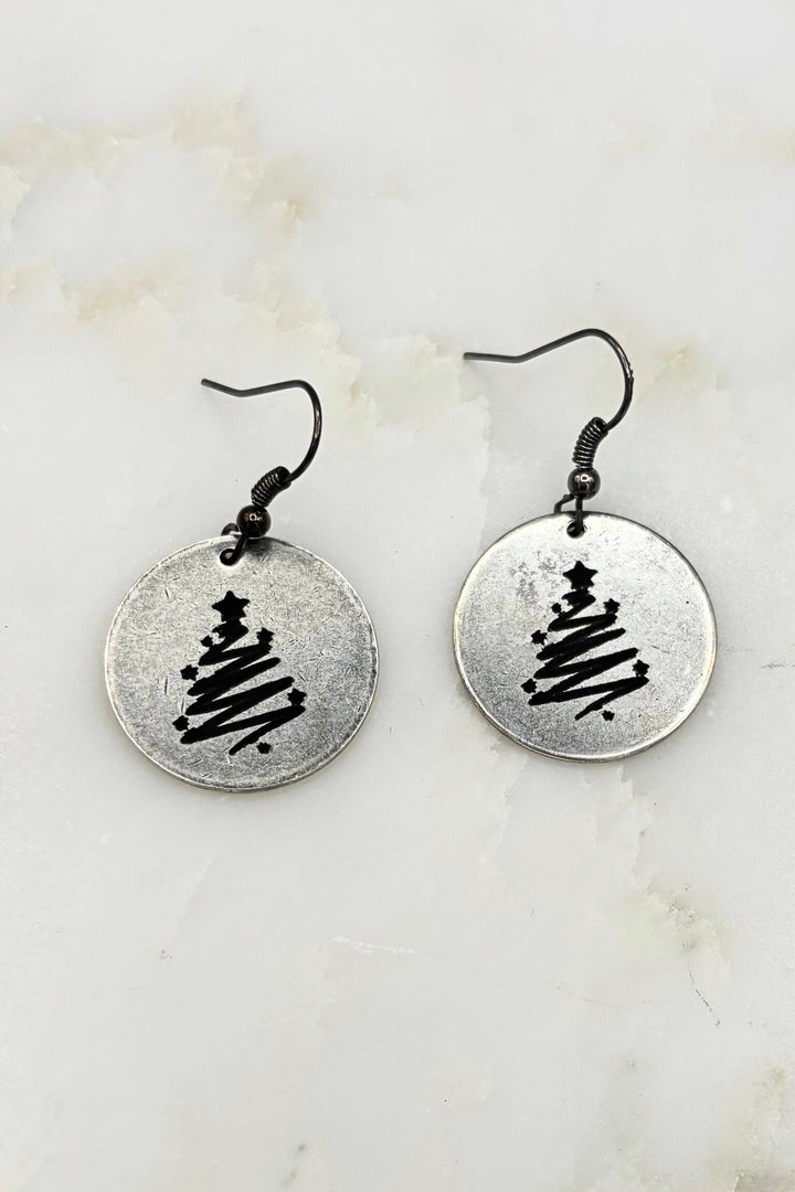 Swirl Christmas Tree Engraved Coin Dangle Earrings