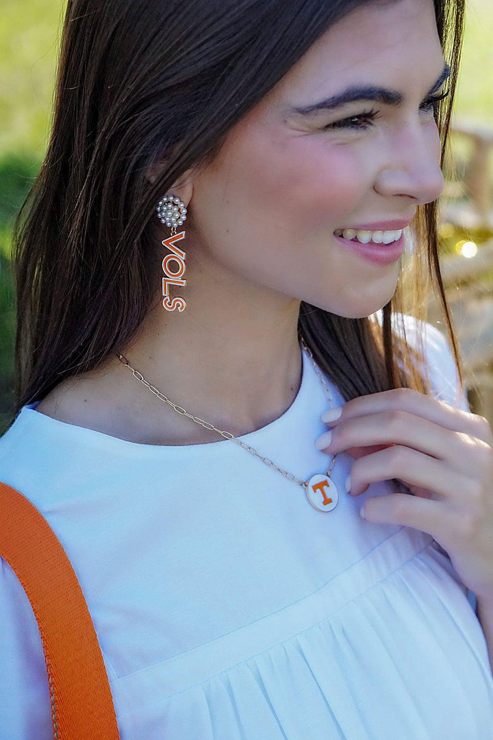 Tennessee Volunteers Pearl Cluster Outline Enamel Drop Hoop Earrings