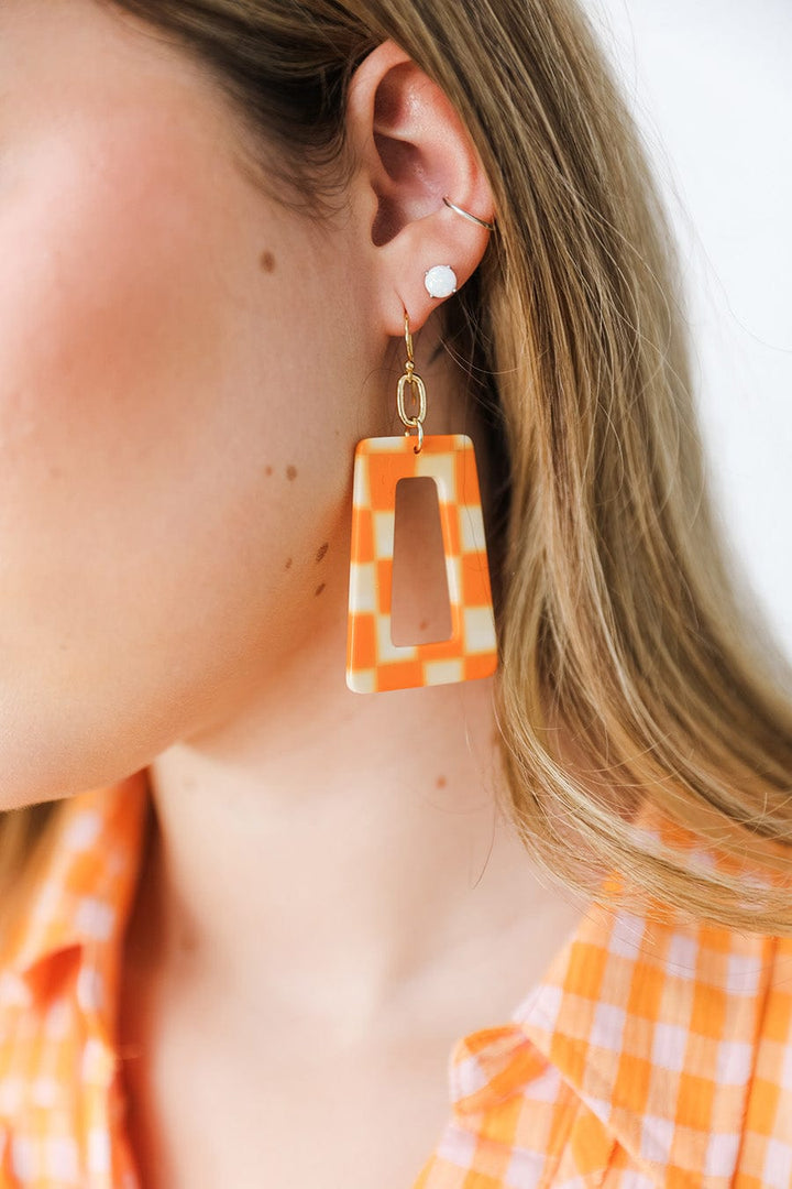 Trapezoid Orange Checkerboard Earrings