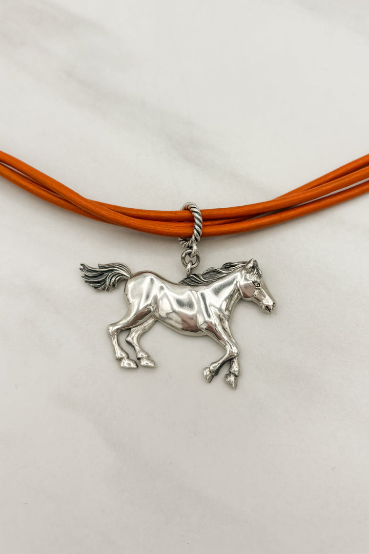 Triple Thick Strand Leather Cord Galloping Sterling Silver Horse Necklace