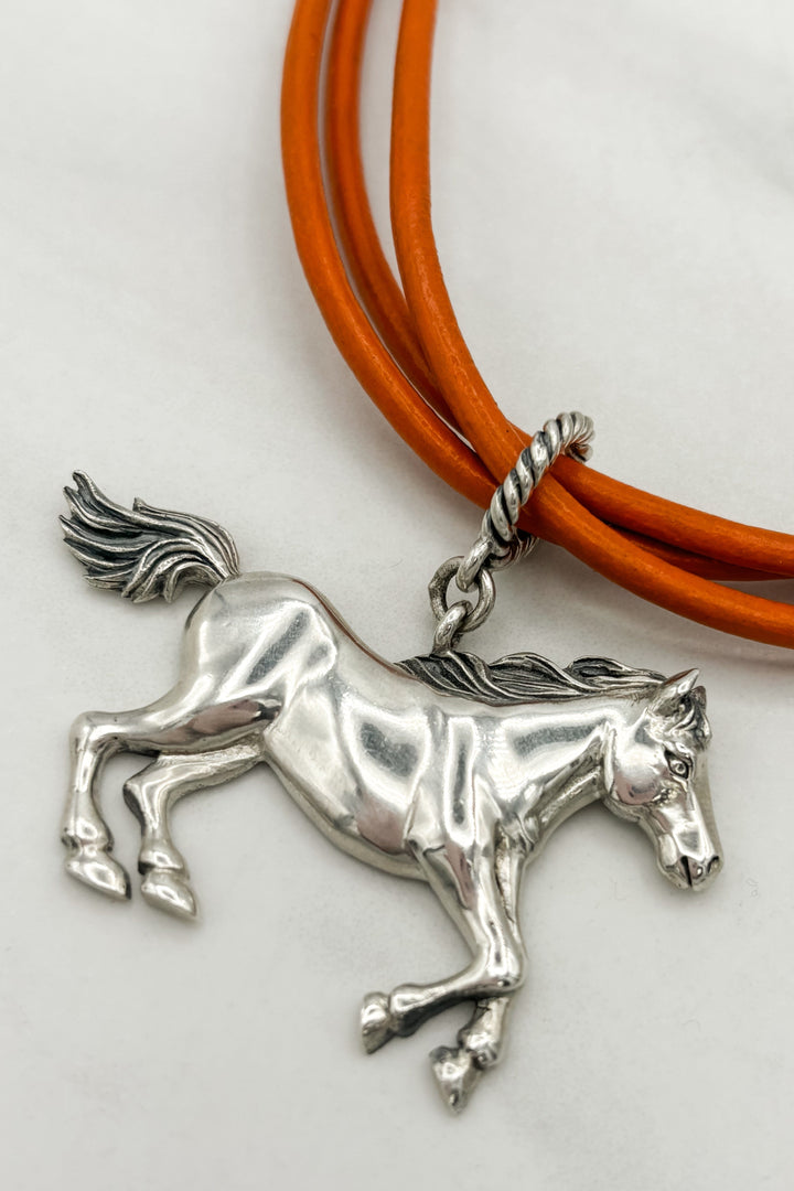 Triple Thick Strand Leather Cord Galloping Sterling Silver Horse Necklace