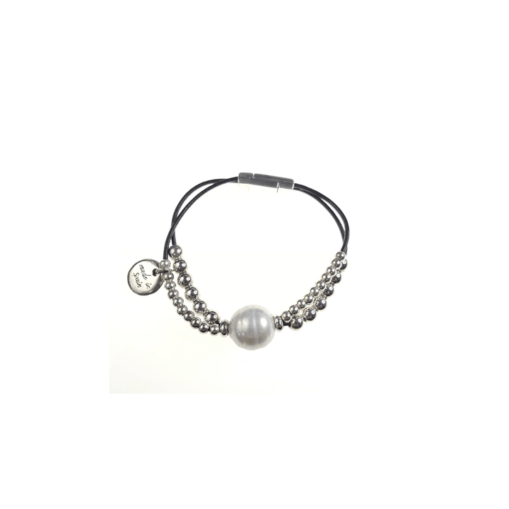 Two Strand Leather and Bead Bracelet with Large Pearl