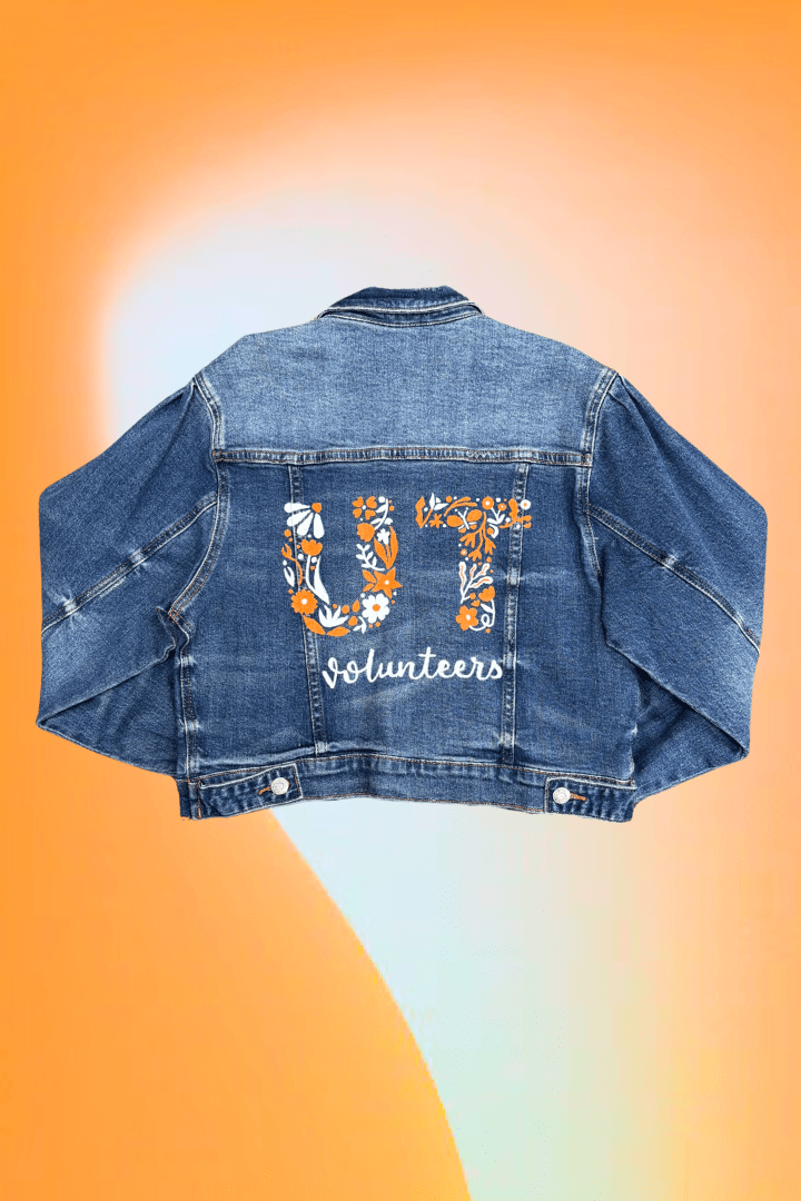 UT Floral Letters Hand Painted Balloon Sleeve Cropped Denim Jacket