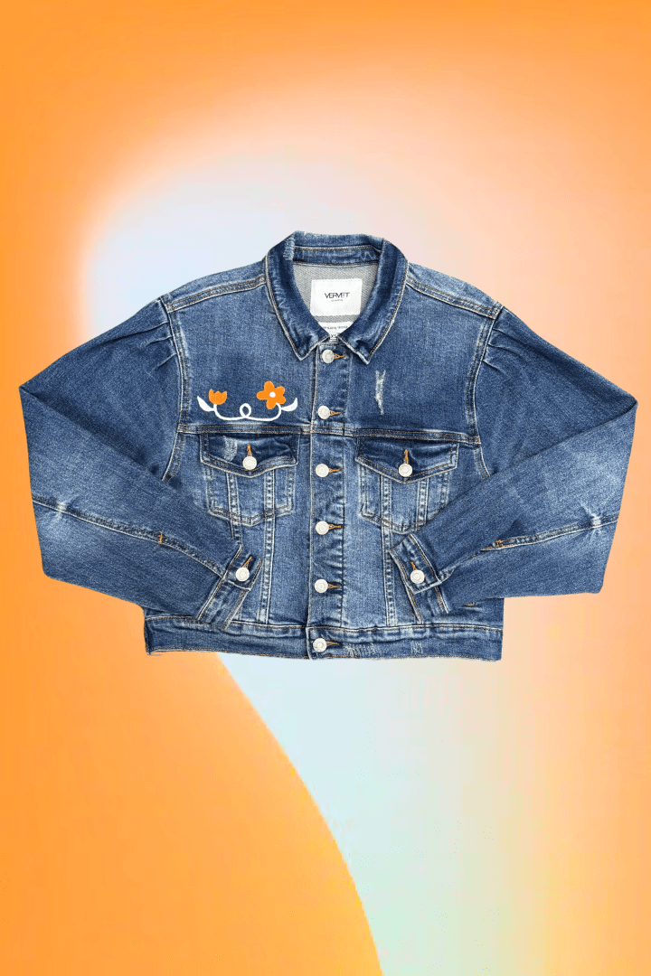 UT Floral Letters Hand Painted Balloon Sleeve Cropped Denim Jacket