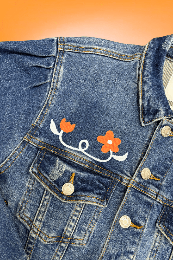 UT Floral Letters Hand Painted Balloon Sleeve Cropped Denim Jacket