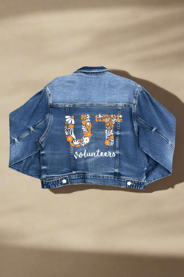 UT Floral Letters Hand Painted Balloon Sleeve Cropped Denim Jacket