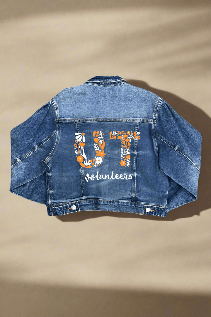 UT Floral Letters Hand Painted Balloon Sleeve Cropped Denim Jacket