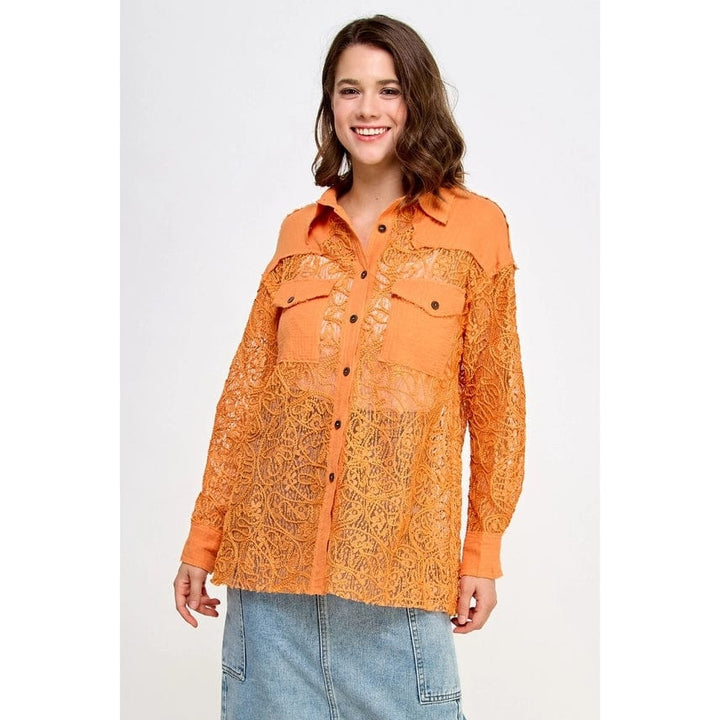 Veveret Embroidered Lace See Through Gauze Shirt