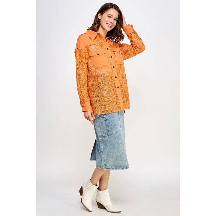 Veveret Embroidered Lace See Through Gauze Shirt