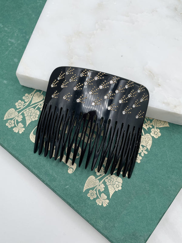 Vintage French Crystal Studded Hair Comb with Gold Accents