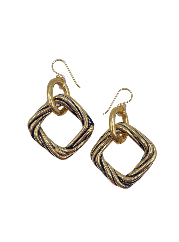 Vintage Gold Twisted Square Earrings with Black Accent Detail