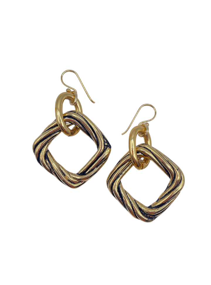 Vintage Gold Twisted Square Earrings with Black Accent Detail