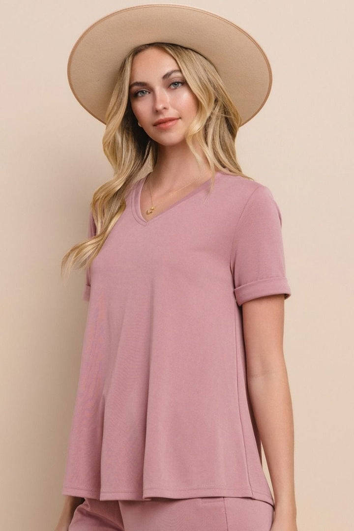 Washed Knit Jersey Short Sleeve V-Neck Top