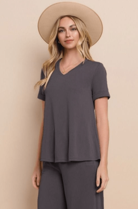 Washed Knit Jersey Short Sleeve V-Neck Top