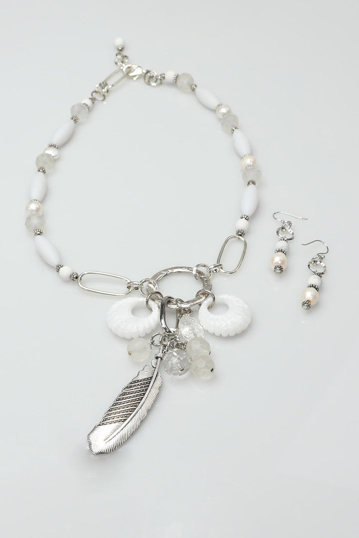 White and Silver Necklace with Feather Accent and Vintage Elements