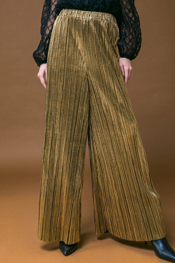 Woven Pleated Wide Leg Pant with Elastic Waist