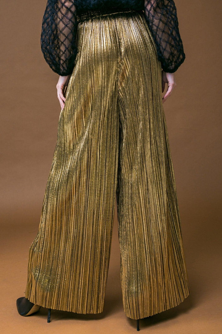 Woven Pleated Wide Leg Pant with Elastic Waist