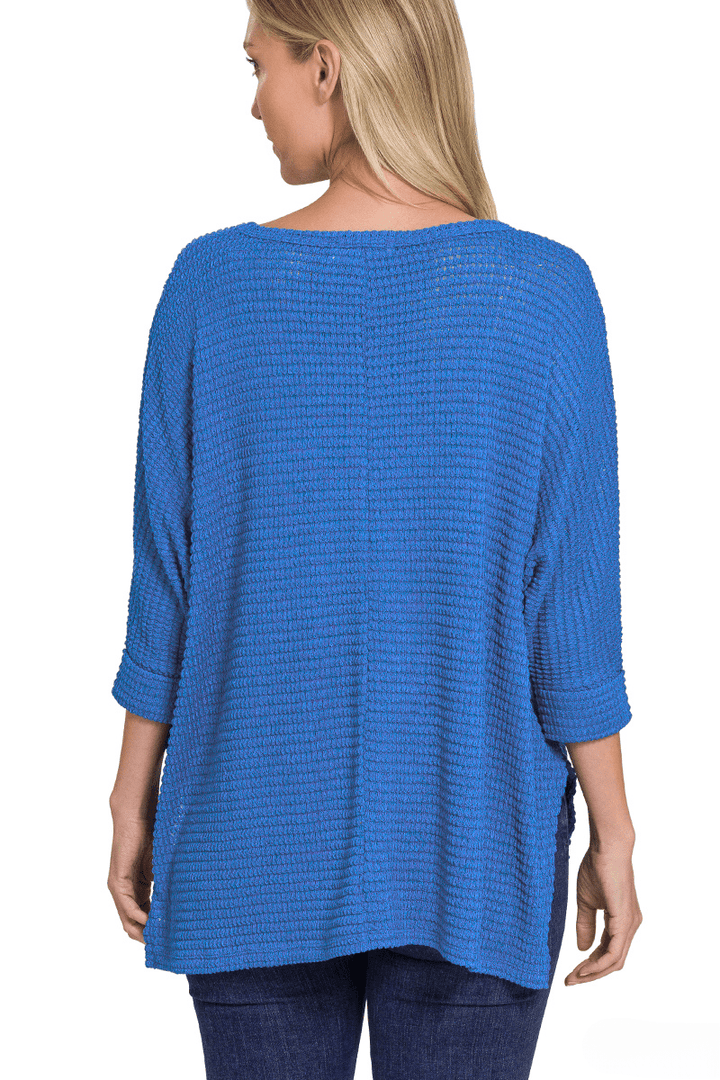 Zenana 3/4 Sleeve V-Neck Hi-Low Hem Jacquard Sweater