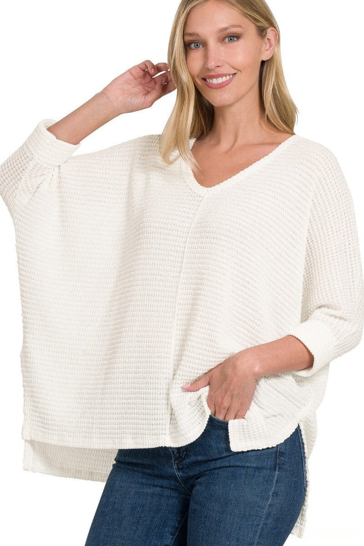 Zenana 3/4 Sleeve V-Neck Hi-Low Hem Jacquard Sweater