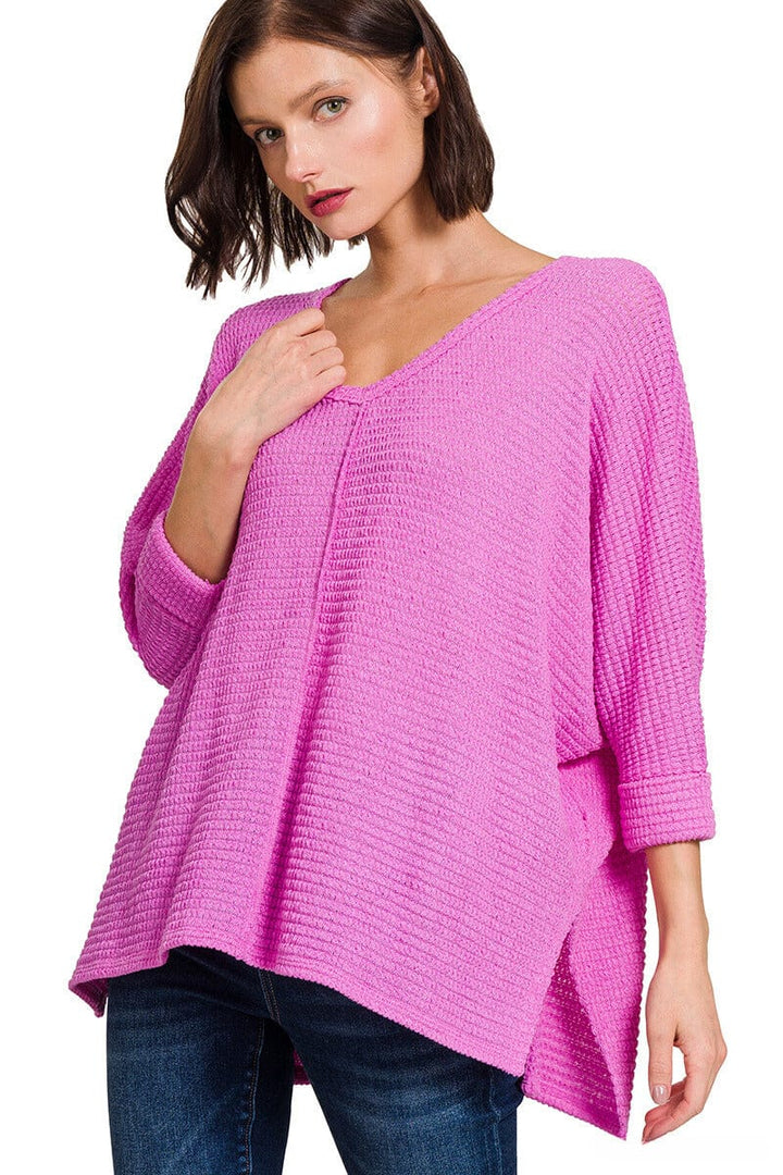 Zenana 3/4 Sleeve V-Neck Hi-Low Hem Jacquard Sweater