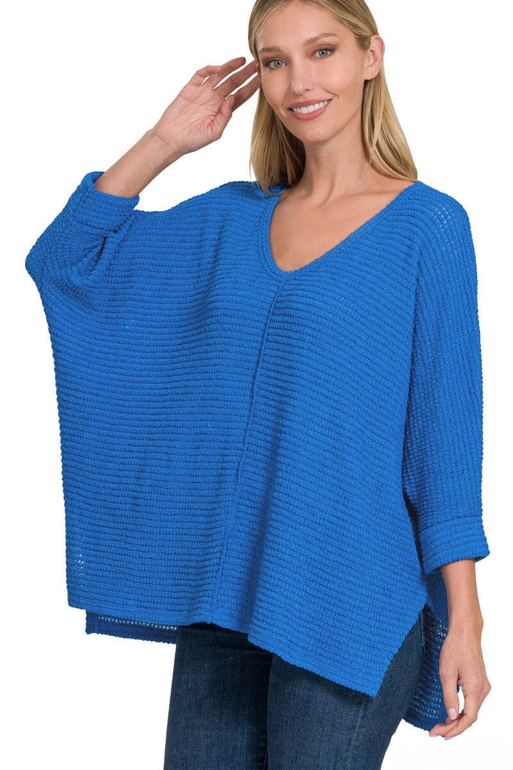 Zenana 3/4 Sleeve V-Neck Hi-Low Hem Jacquard Sweater