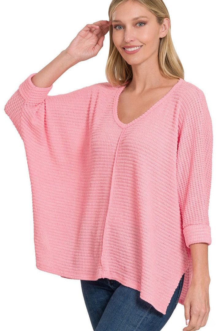 Zenana 3/4 Sleeve V-Neck Hi-Low Hem Jacquard Sweater