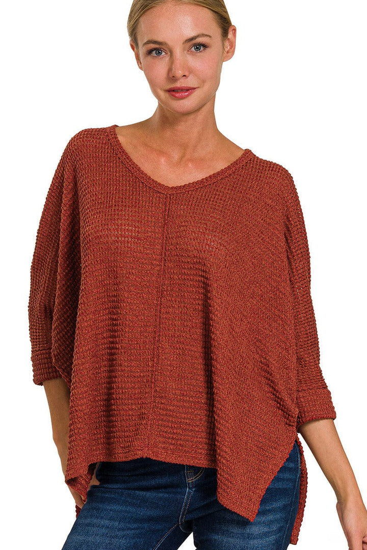 Zenana 3/4 Sleeve V-Neck Hi-Low Hem Jacquard Sweater