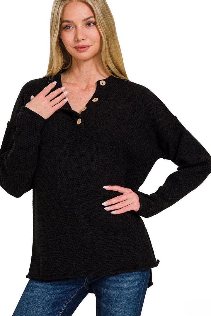 Zenana 4 Button Henley Neckline Waffle Sweater