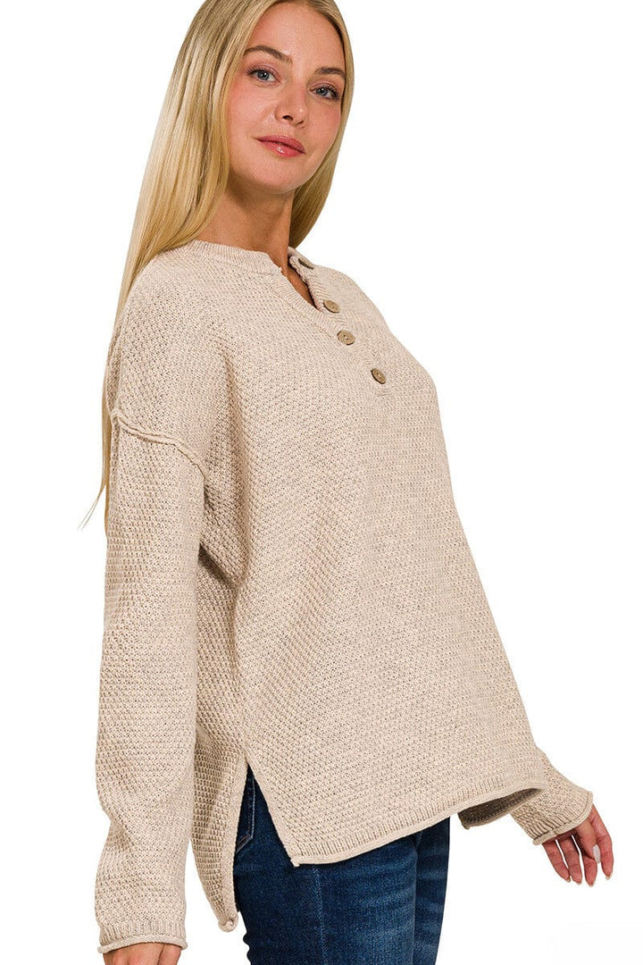 Zenana 4 Button Henley Neckline Waffle Sweater