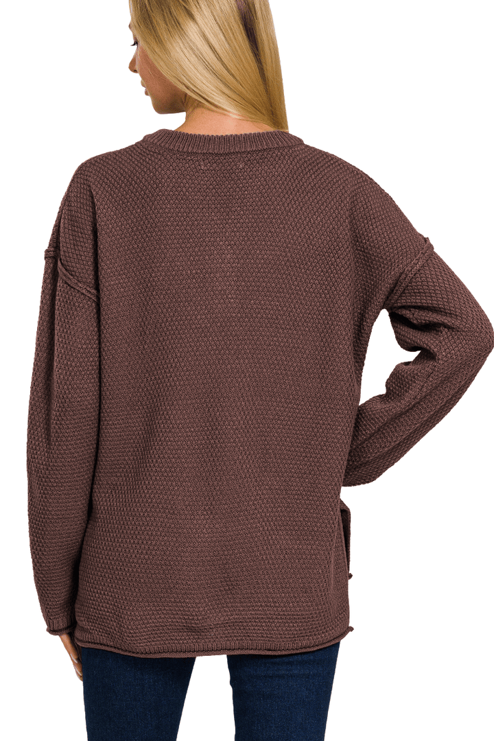 Zenana 4 Button Henley Neckline Waffle Sweater