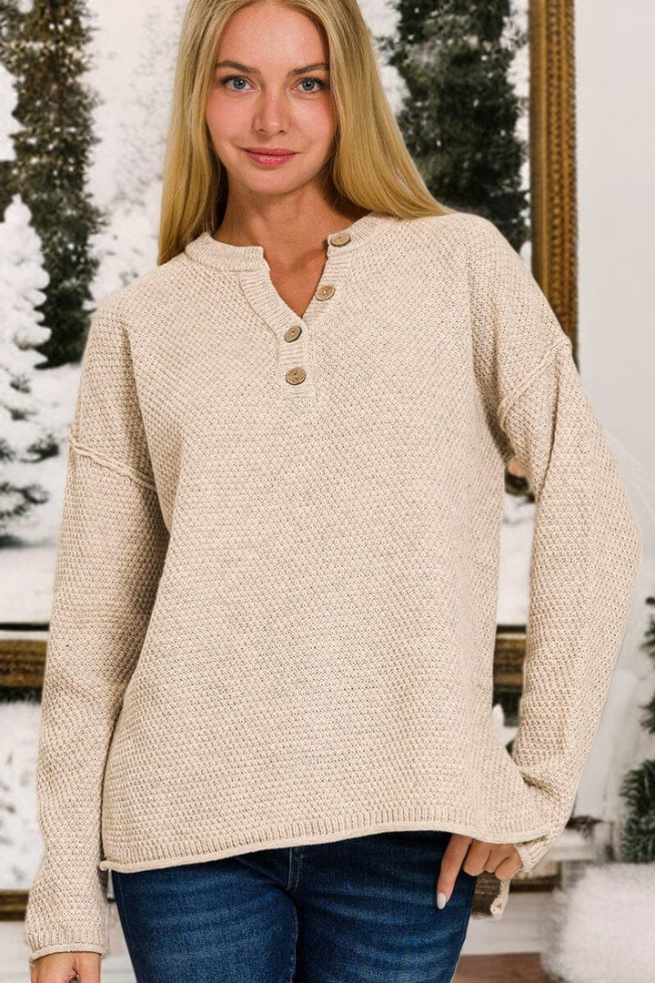 Zenana 4 Button Henley Neckline Waffle Sweater