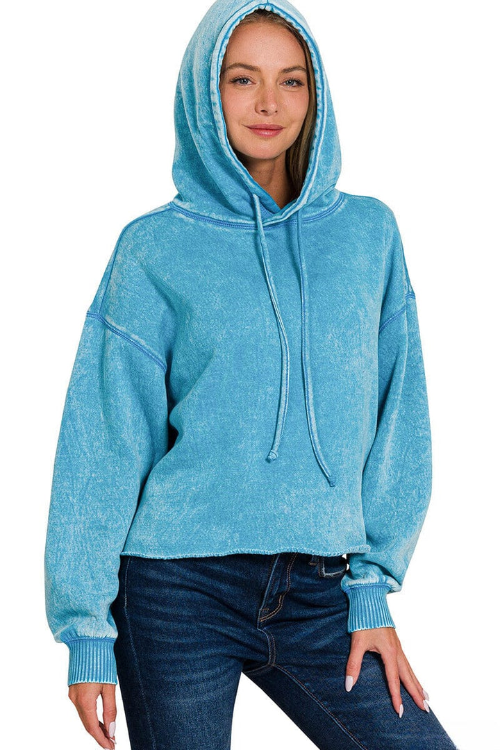 Zenana Acid Wash Fleece Cropped Hoodie