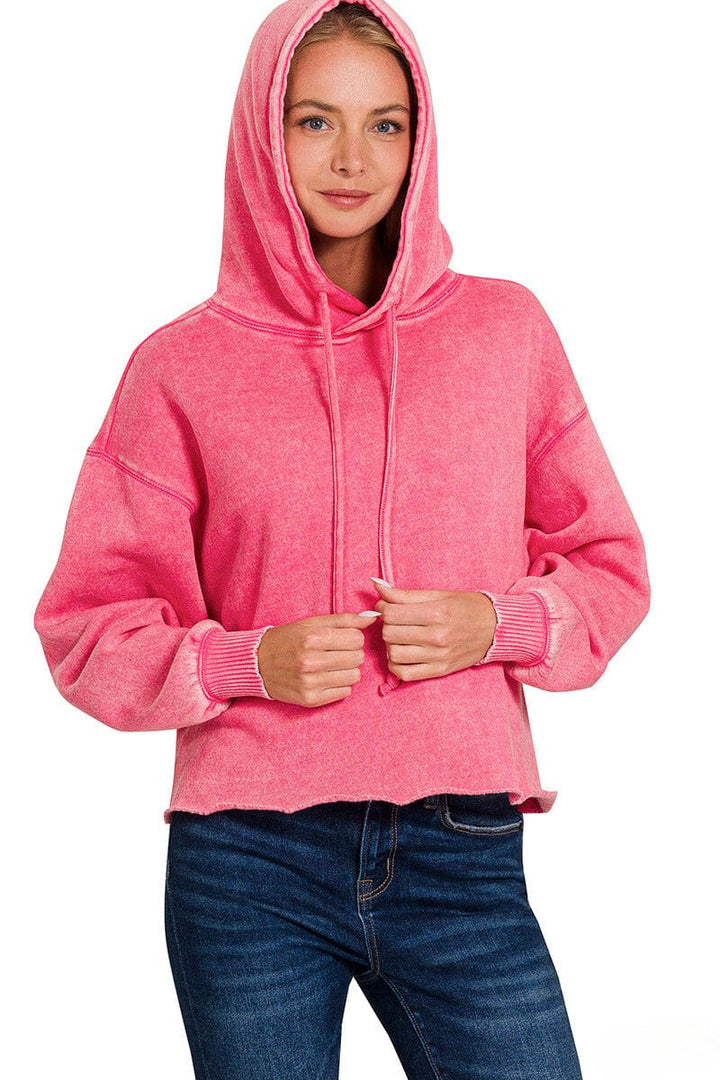 Zenana Acid Wash Fleece Cropped Hoodie