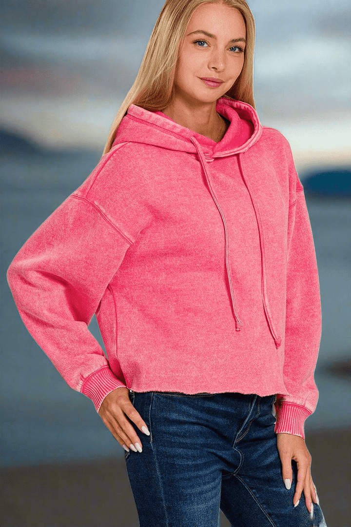 Zenana Acid Wash Fleece Cropped Hoodie