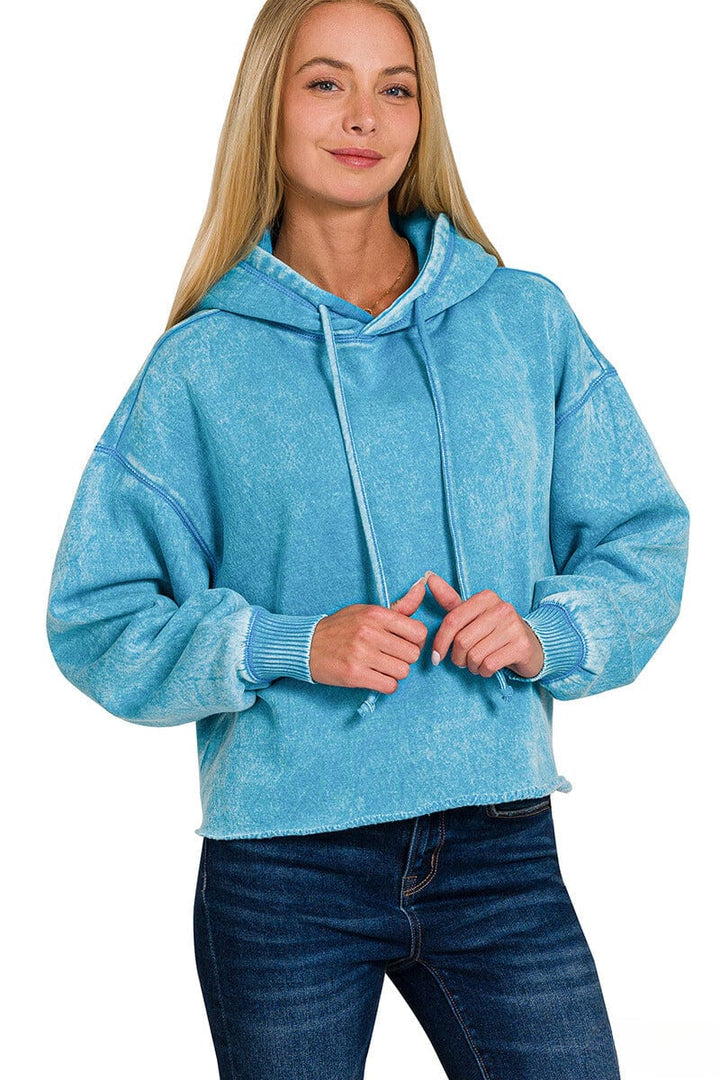 Zenana Acid Wash Fleece Cropped Hoodie