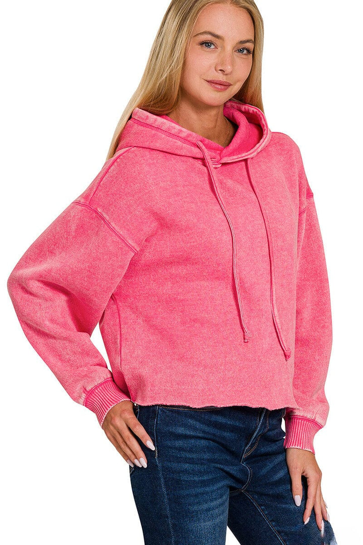 Zenana Acid Wash Fleece Cropped Hoodie