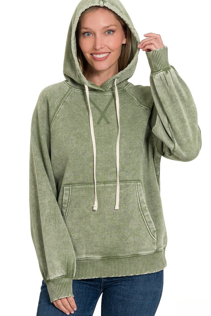 Zenana Acid Wash Fleece Hoodie with Pockets