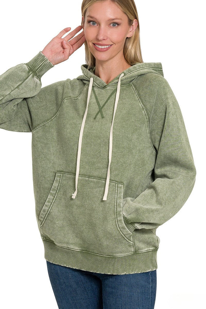 Zenana Acid Wash Fleece Hoodie with Pockets