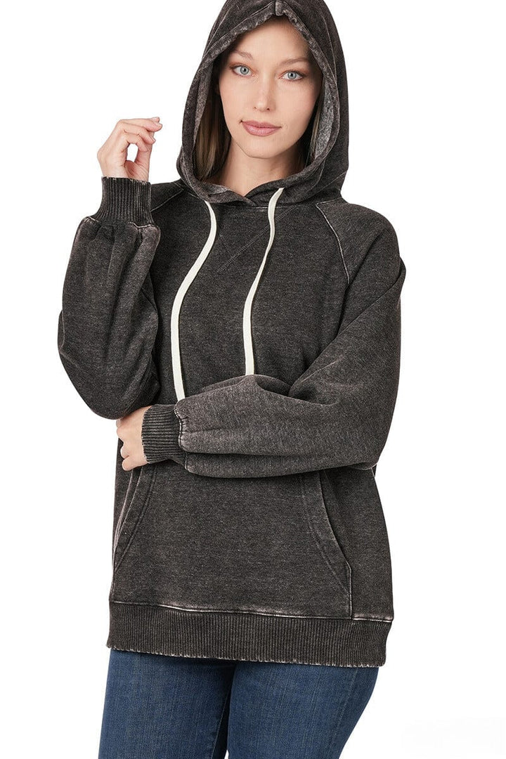 Zenana Acid Wash Fleece Hoodie with Pockets