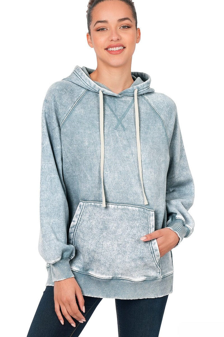 Zenana Acid Wash Fleece Hoodie with Pockets