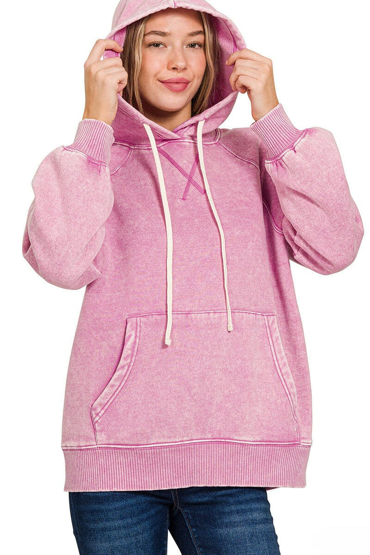 Zenana Acid Wash Fleece Hoodie with Pockets