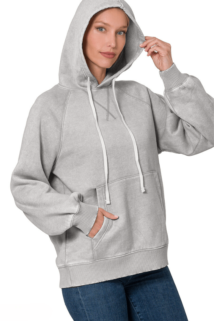 Zenana Acid Wash Fleece Hoodie with Pockets