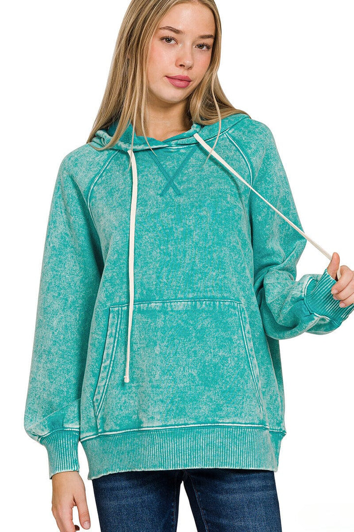 Zenana Acid Wash Fleece Hoodie with Pockets