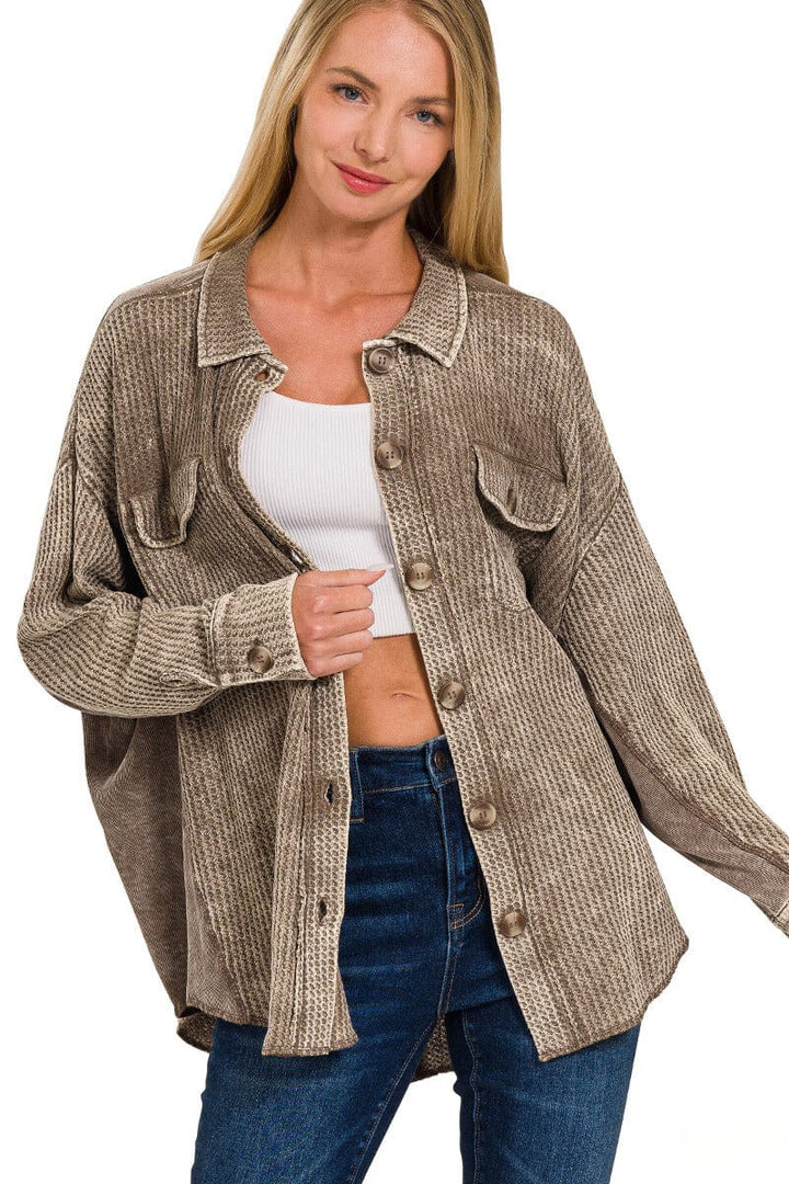 Zenana Acid Wash Oversized Cotton Waffle Shacket